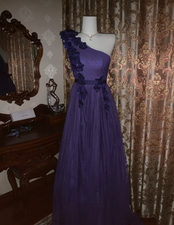 Elegant Purple One Shoulder Tulle Appliques A Line Wedding Guest Dress Long Party Dress - View 2 | VelvetHem