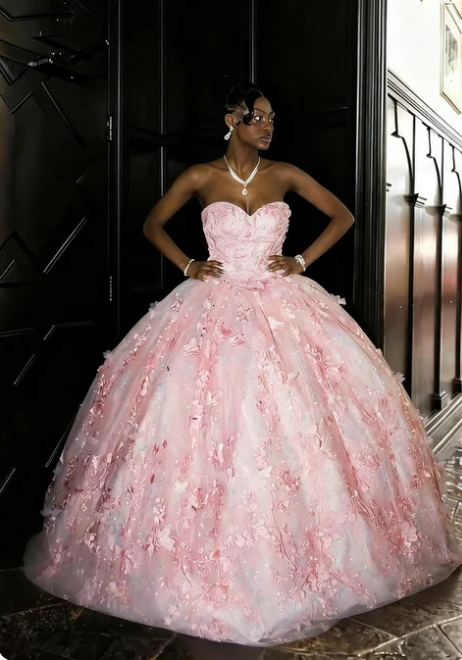 Princess Pink Heart Neck 3D Floral Tulle Prom Dress Sweet 16 Birthday Dress