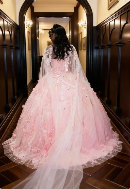 Princess Pink Heart Neck 3D Floral Tulle Prom Dress Sweet 16 Birthday Dress