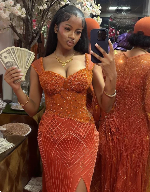 Gorgeous Orange Mermaid Beaded High Slit Tulle Long Prom Dress Evening Dress - View 2 | VelvetHem