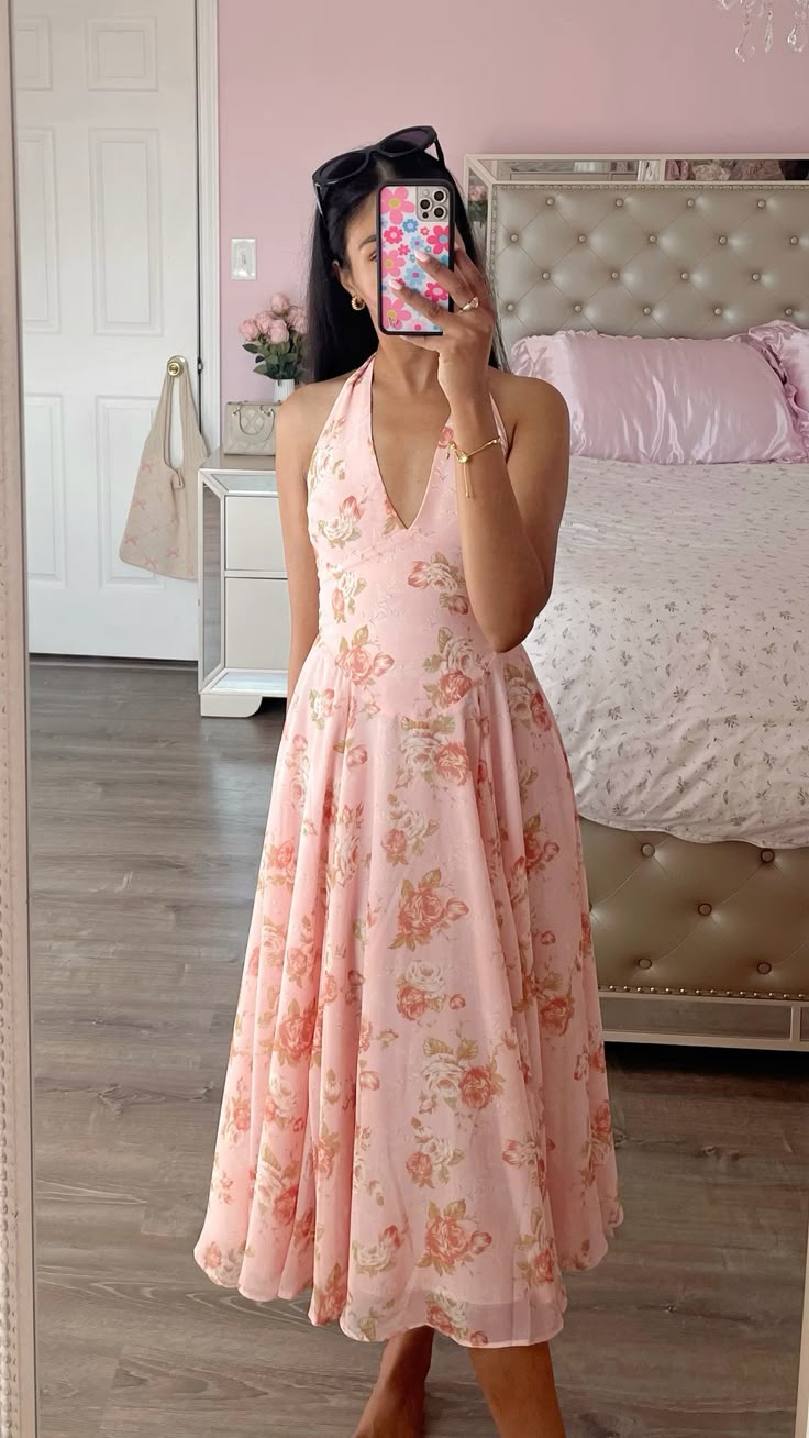 Sweet Pink Printed A-line Off-shoulder Neck Chiffon Long Prom Dress Evening Dress - VelvetHem
