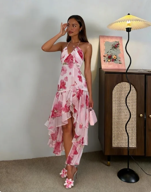 Beautiful Pink Print Irregular Layered Ruffle Chiffon Prom Dress