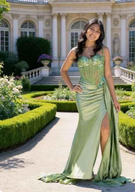Fresh Lime Green Spaghetti Strap Sheer Boned Waist Ruched High Slit Satin Train Prom Dress Evening Dress