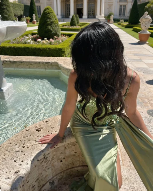 Fresh Lime Green Spaghetti Strap Sheer Boned Waist Ruched High Slit Satin Train Prom Dress Evening Dress