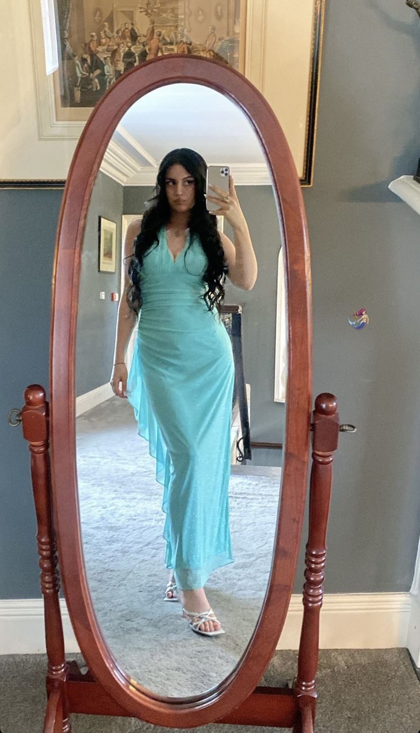 Sexy Mint Green Mermaid Halter Neck Deep V Neck Shimmering Chiffon Long Prom Dress Evening Dress - View 5 | VelvetHem