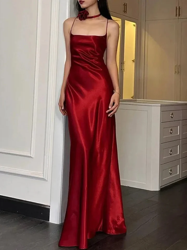 Beautiful Burgundy Straps A Line Satin Evening Dress Backless Party Prom Dress - VelvetHem