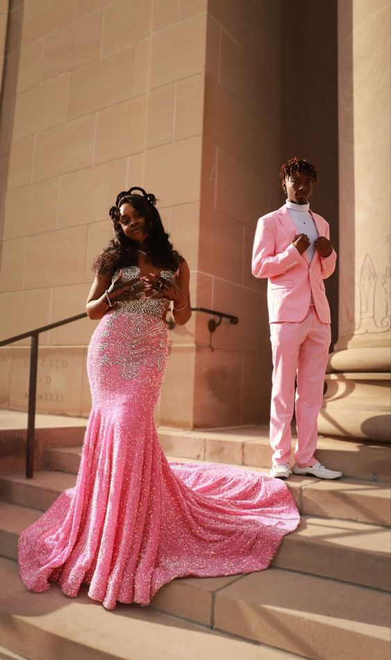 Stunning Pink Mermaid Sequins Prom Dress,22th Birthday Outfit - View 2 | VelvetHem