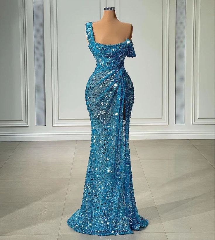 One Shoulder Sparkly Evening Dress Long Mermaid Blue Sexy Formal Dress Y6112 - VelvetHem