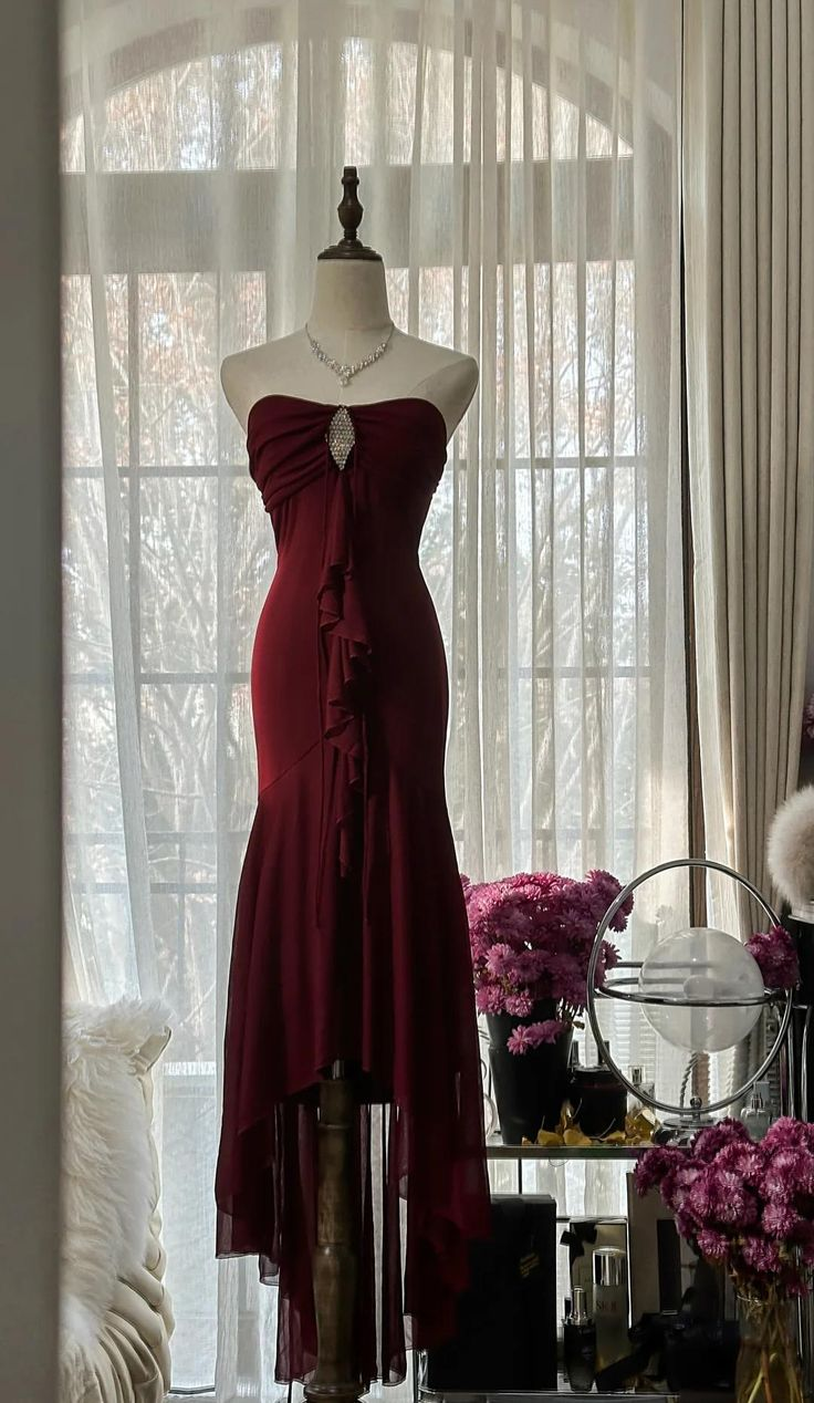 Burgundy Mermaid Chiffon Strapless Prom Dress Graduation Party Dress - VelvetHem