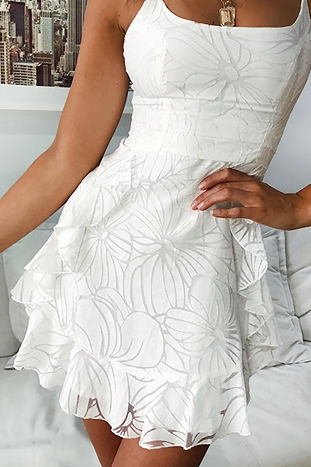 Spaghetti Straps Short Mini Little White Graduation Dress - View 2 | VelvetHem