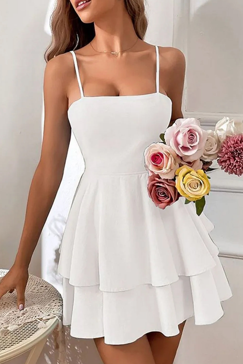 Simple Spaghetti Straps Keyhole Back 2 Layers Graduation Dress - VelvetHem