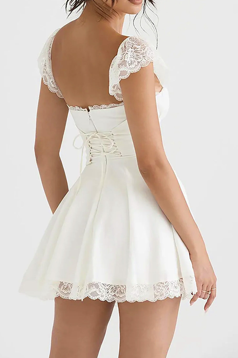 Cute A-Line Square Neck Lace Cap Sleeves Little White Graduation Dress - View 2 | VelvetHem