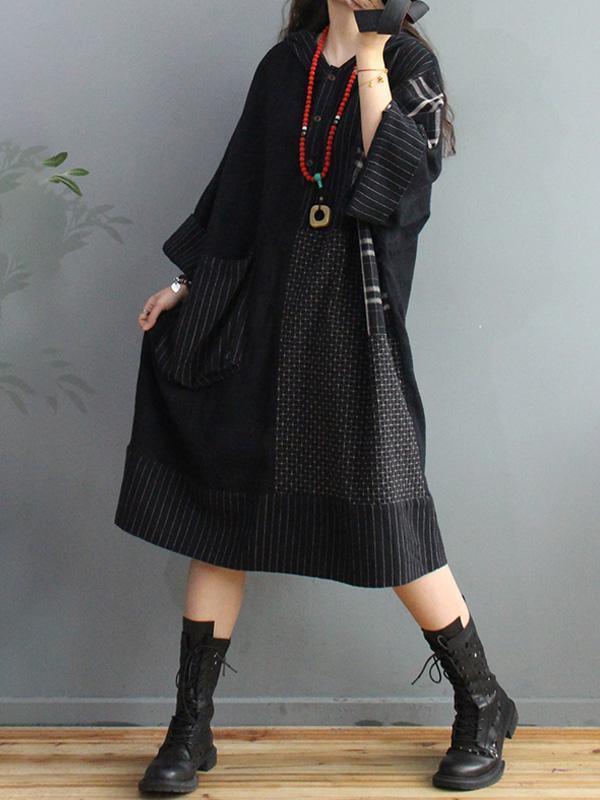 DIY Vintage Plaid Big Pocket Hoodie Dress