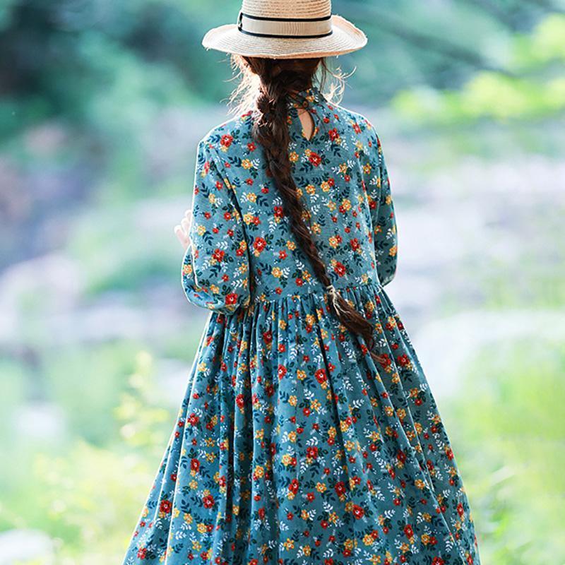 Retro Corduroy Floral Casual Draped Dress ( Limited Stock)