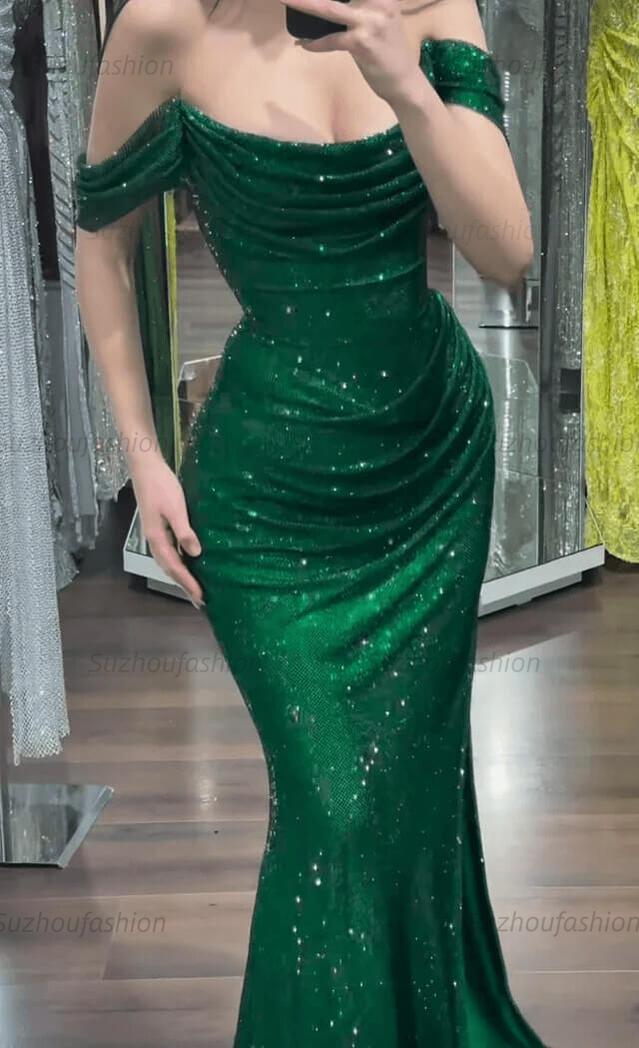 Silver Off the Shoulder Sequined Prom Dress Mermaid Floor Length Formal Dress with Slit