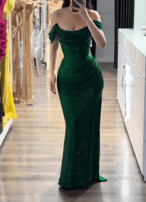 Silver Off the Shoulder Sequined Prom Dress Mermaid Floor Length Formal Dress with Slit