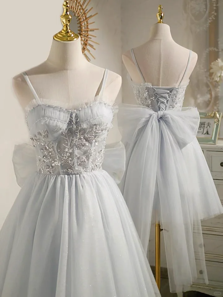 Sweet Light Blue Tulle Beaded Short Homecoming Dress Birthday Outfits With Bow - VelvetHem