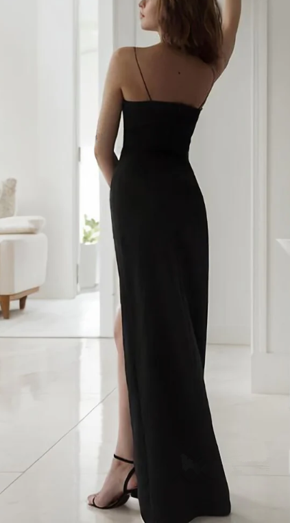 Black Spaghetti Straps Sheath Slit Long Prom Dress Sexy Evening Dress