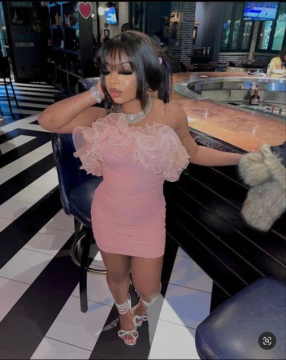 Lovely Pink Bodycon Dress Short Pink Homecoming Dress with Ruffles (ZD12384)