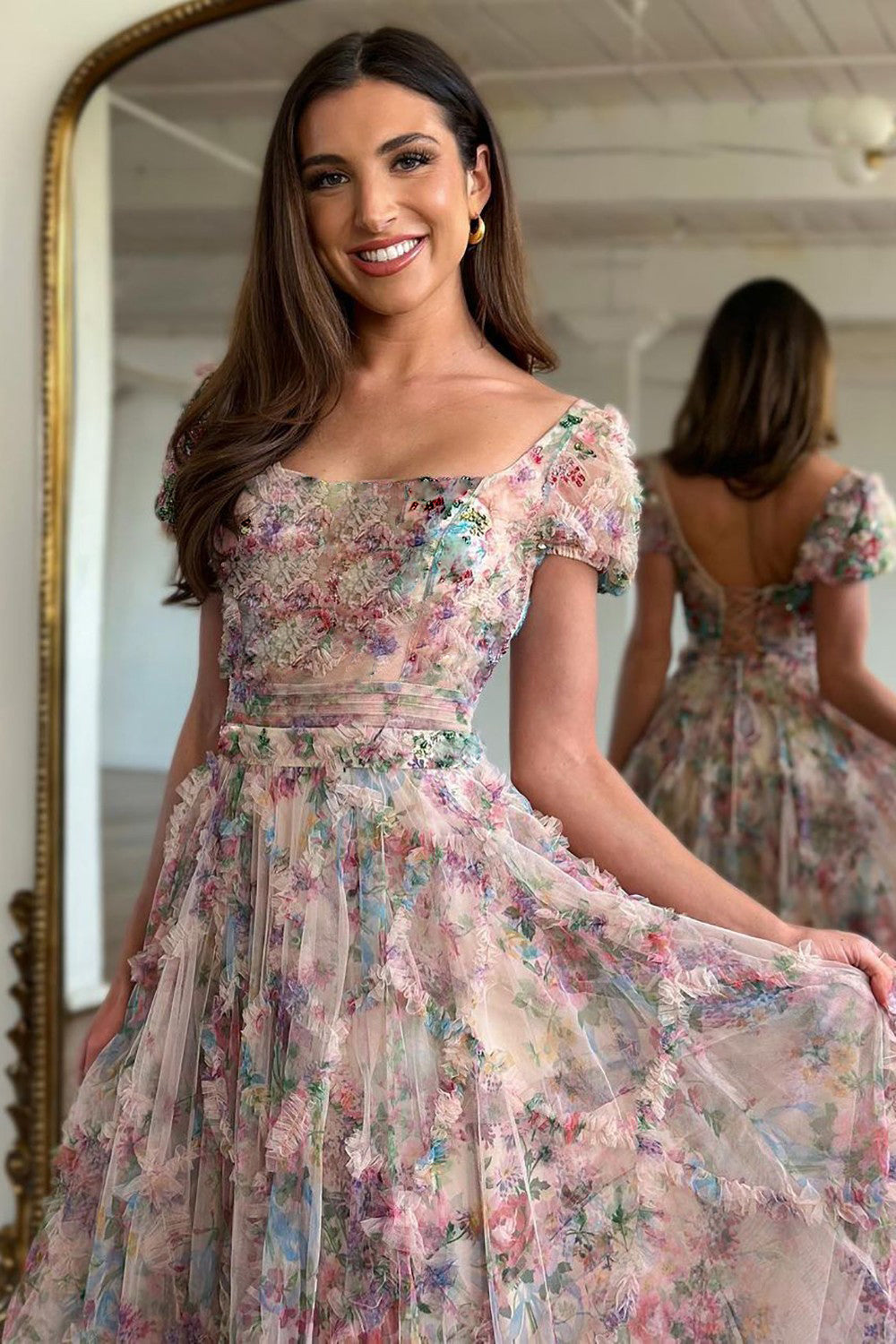 A-Line Square Neck Cap Sleeves Long Print Tulle Prom Dress With Beading