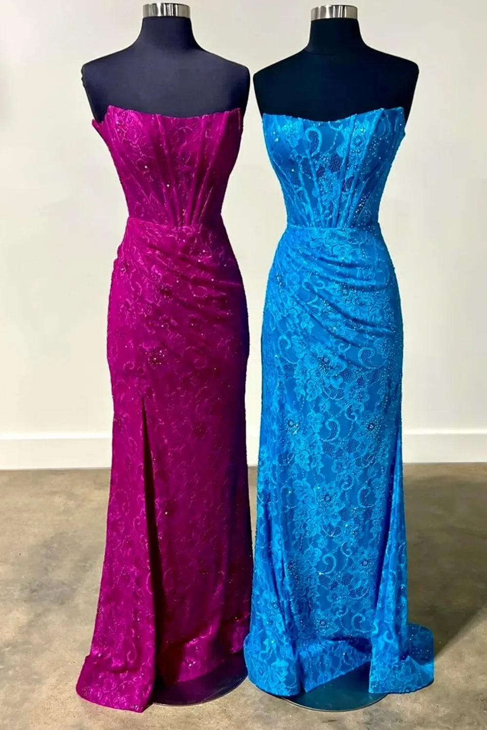 Gorgeous Mermaid Strapless Sweep Train Lace Prom Dress With Slit