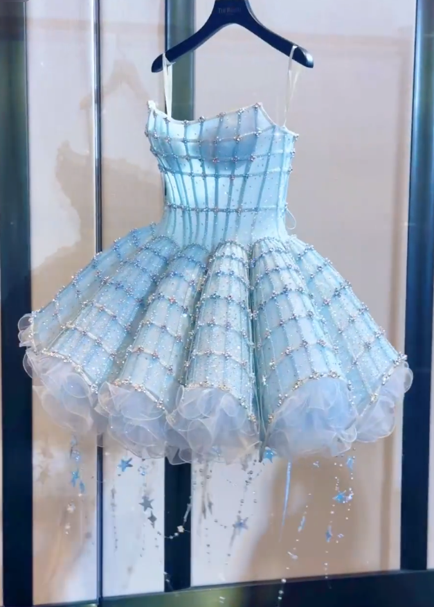 Classy Blue Strapless Tulle Beaded A Line Princess Birthday Dress Formal Homecoming Dress - VelvetHem