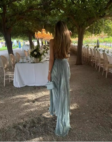 Spaghetti Straps Blue Tulle Pleated Evening Dress Elegant Prom Dress Y8195