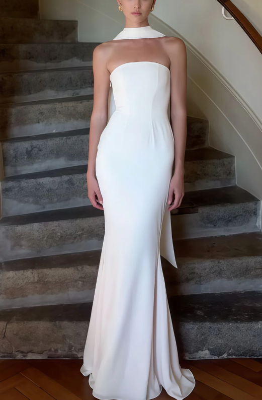 Classy White Mermaid Prom Dress, Strapless Prom Dress Wedding Gown - VelvetHem