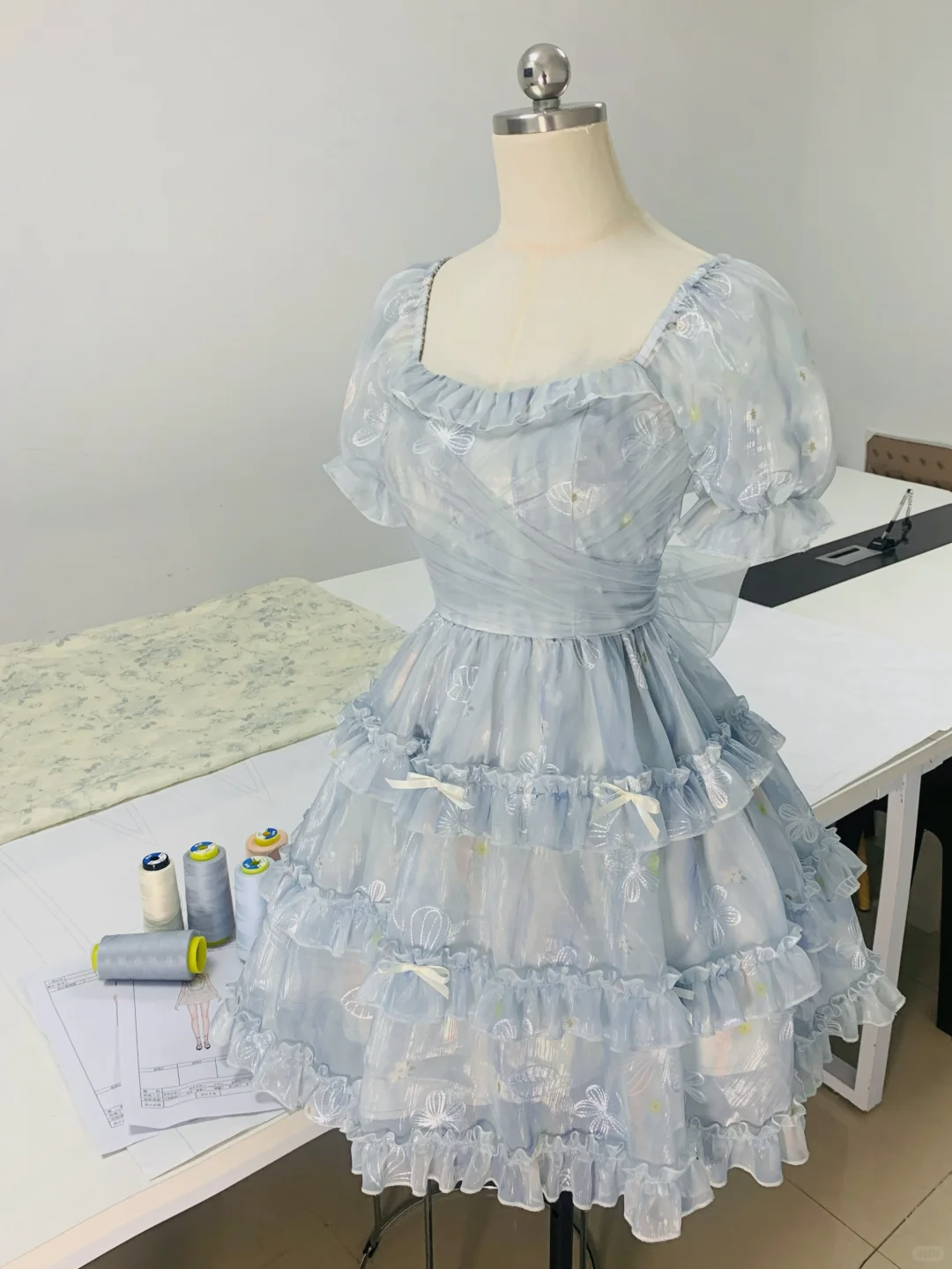 Cute Blue Square Neck Chiffon Print Floral Ruffles A Line Homeocming Dress Princess Bithday Outfits - View 2 | VelvetHem