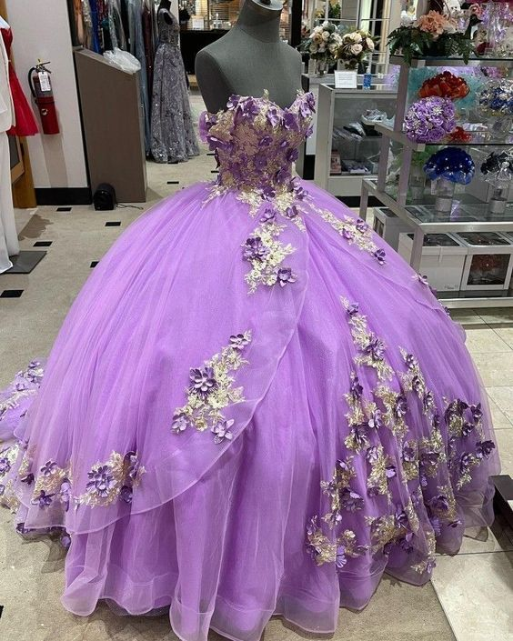Lilac Puffy Ball Gown Quinceanera Dresses Off The Shoulder Champagne Applique Pearls 3D Flowers Sweet 16 Girls - VelvetHem