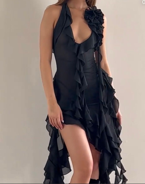 Sexy Hot Pink Halter Chiffon Ruffles Long Birthday Party Dress Formal Prom Dress - View 2 | VelvetHem