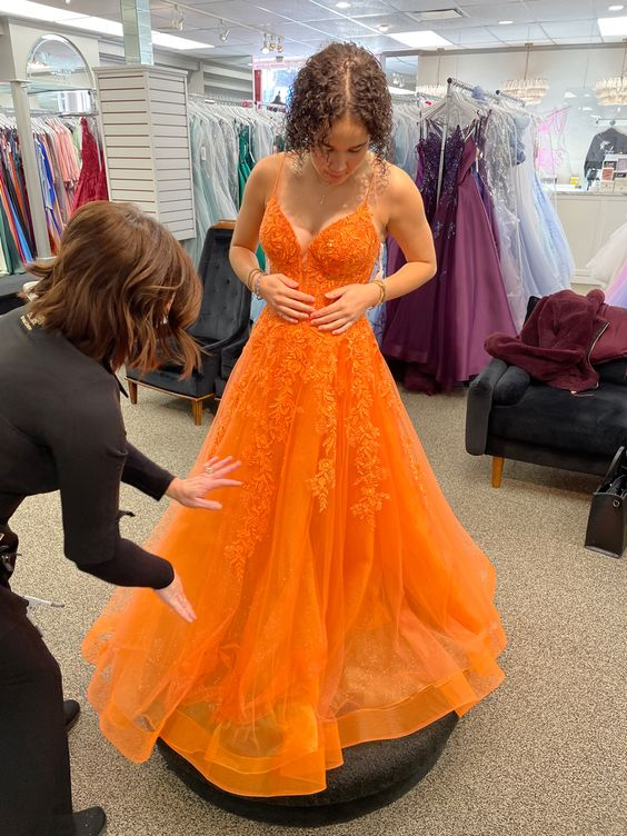 Orange V Neck Tulle Lace Appliques Long Prom Dress - VelvetHem