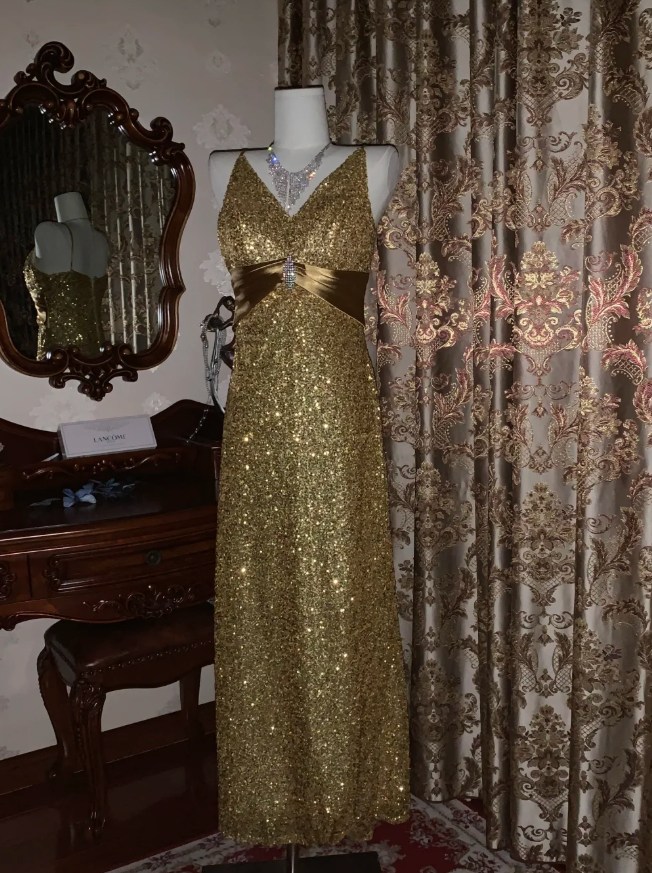 Glitter V Neck Sequin Beaded Gold Mermaid Party Dress Long Evening Dress - View 6 | VelvetHem