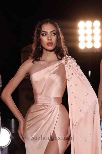 Peach One Shoulder Prom Dress Satin Floor Length Formal Dress With Slit