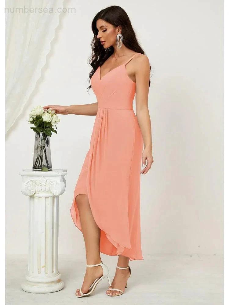 ZapDress Spaghetti Chiffon V Neck Bridesmaid Dress Mid-Length Slit Formal Prom Dress Homecoming Dress 2803 (ZD16952)