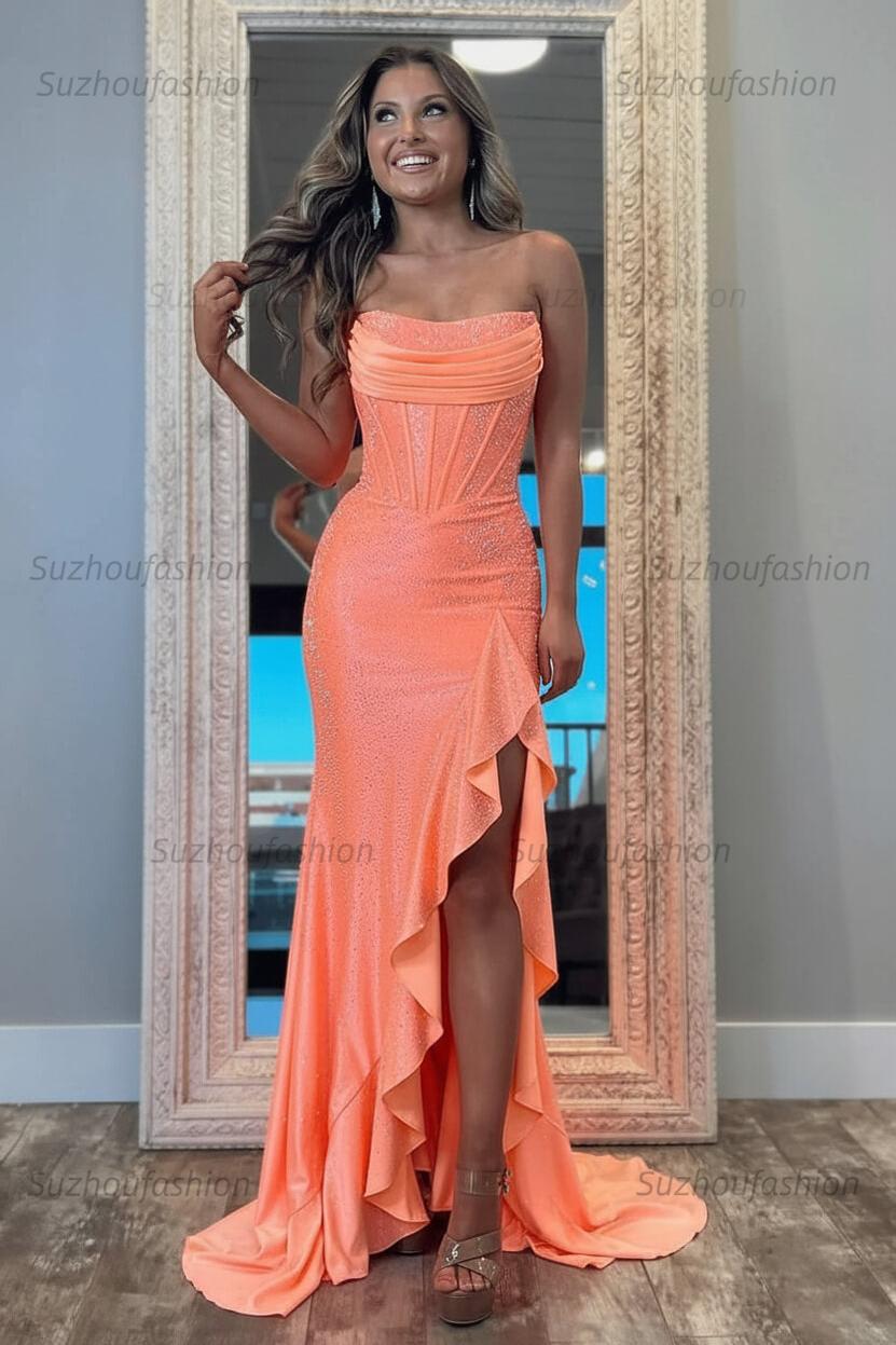 Hot Pink Beaded Prom Dress Corset Ruffled Strapless Formal Dress With Slit