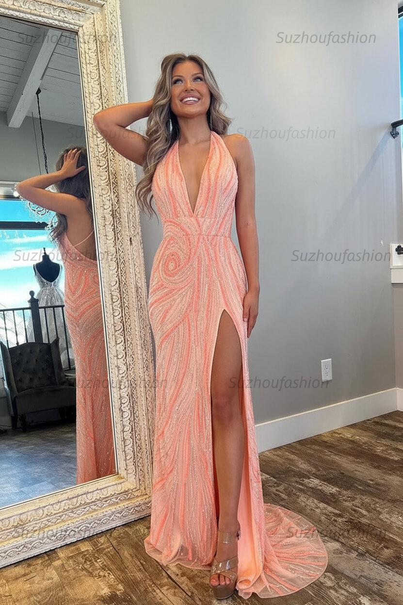 Halter Prom Dress Pink and Orange Mermaid Evening Dress with Slit