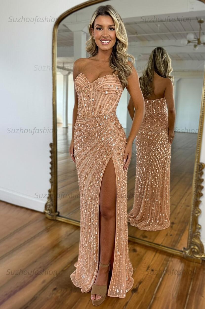 Sequined Prom Dress Sweetheart Mermaid With High Slit Skirt Formal Evening Gown