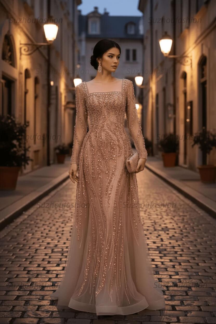 Square Neck Long Sleeves Long Mermaid Evening Formal Dress With Beading Tulle
