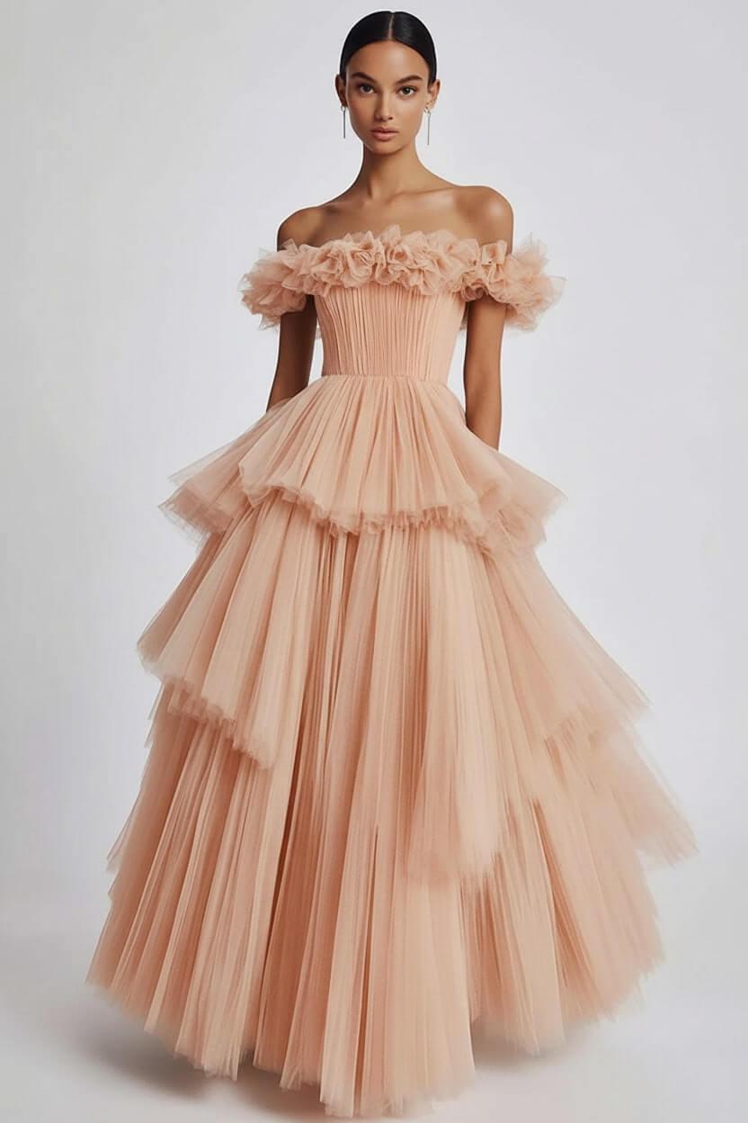 Dusty Sage Prom Dress Tulle Off The Shoulder Ball Gown Formal Dress With Ruffles