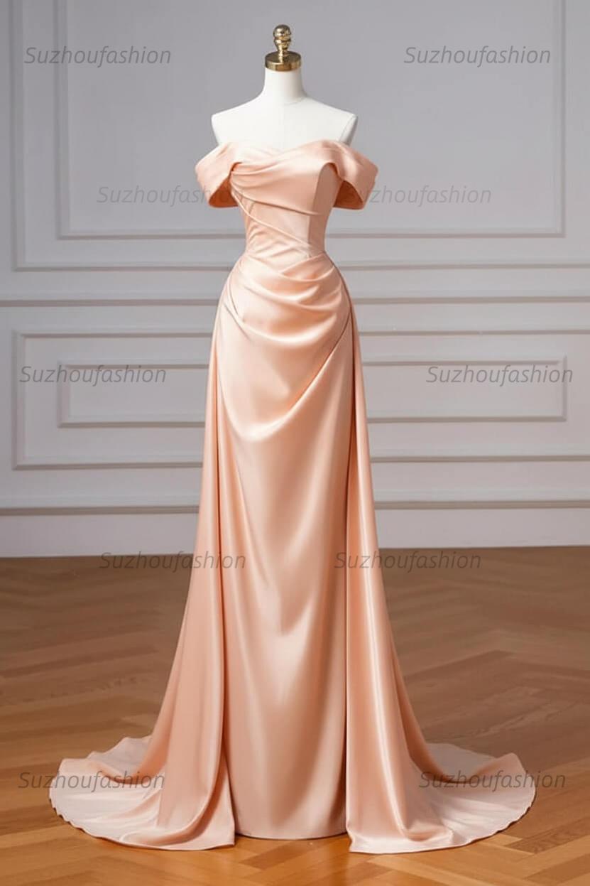 Navy Prom Dress Blue Off The Shoulder Formal Dress with Detachable Train