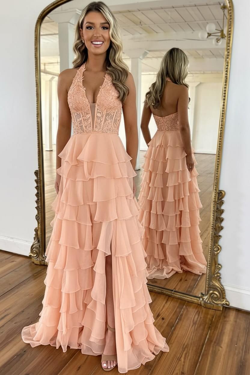 Sky Blue Prom Dress Ruffled Halter Corset Formal Dress With Slit