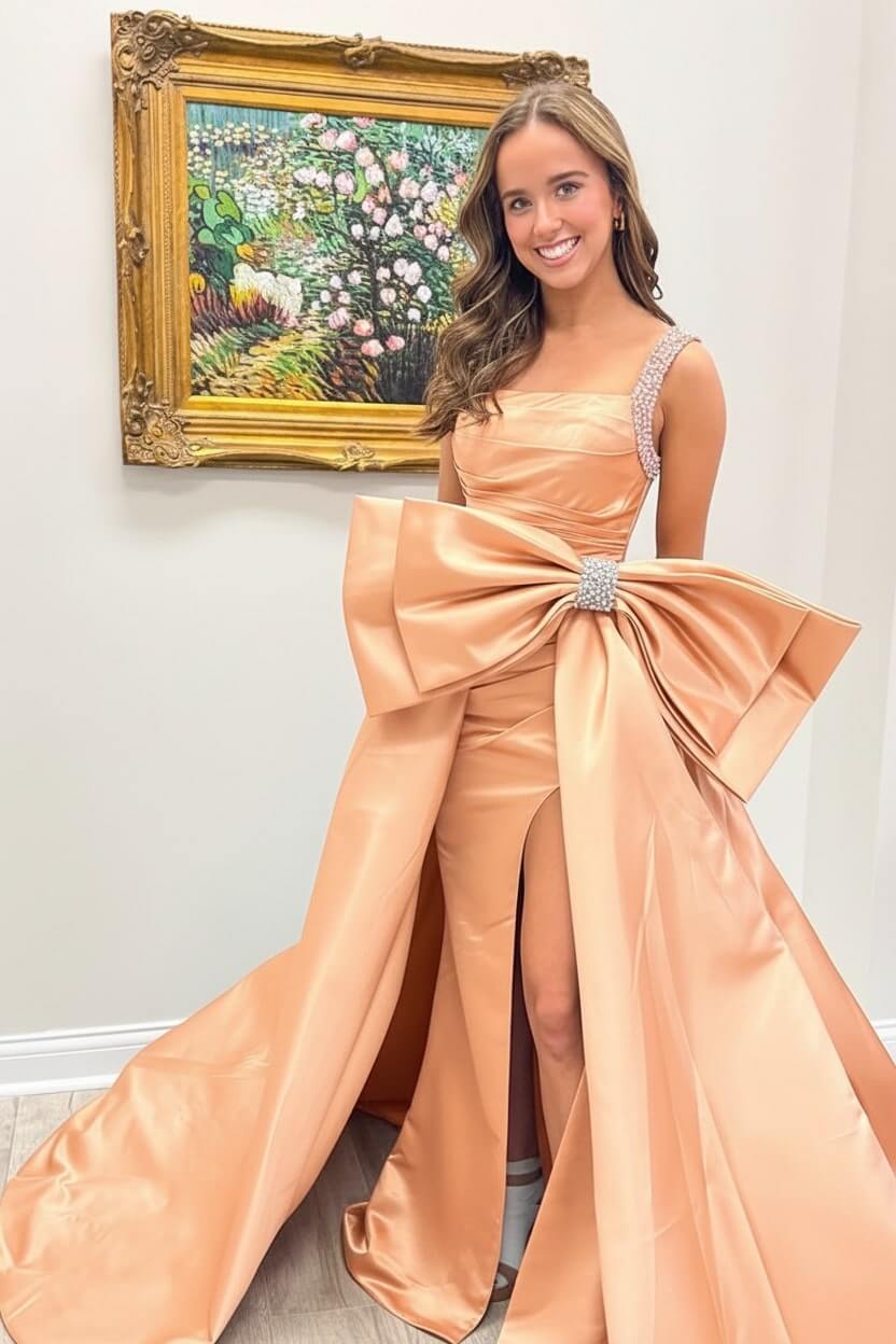 Green Prom Dress Satin Beaded A Line Long Pageant Dress With Bow