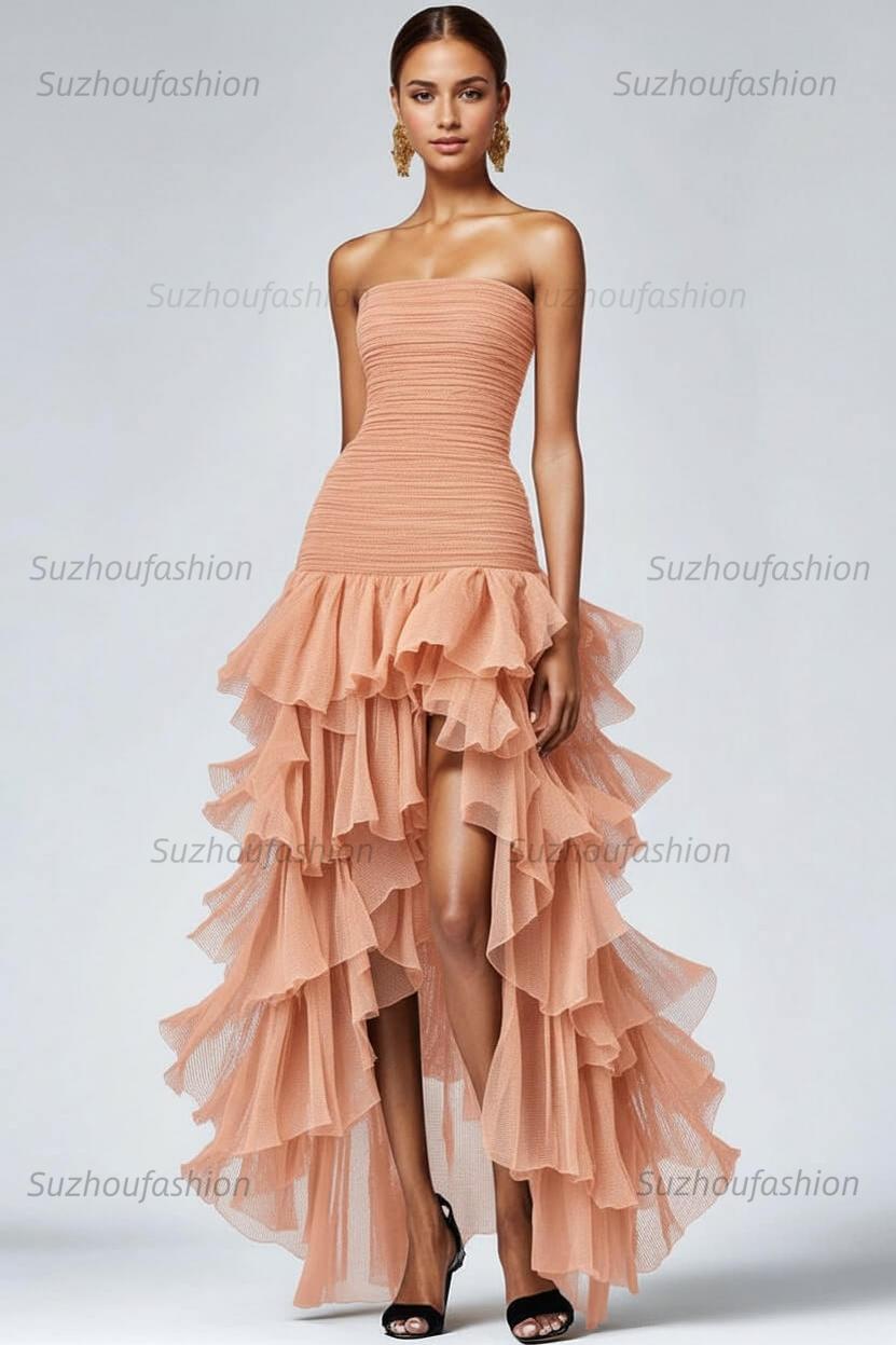 Black Wedding Guest Dress Strapless Tulle Long Ruffled Formal Dress With Slit