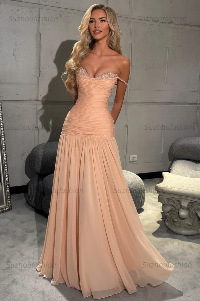 Off The Shoulder Prom Dress Sleeveless Pleated A Line Formal Evening Gown