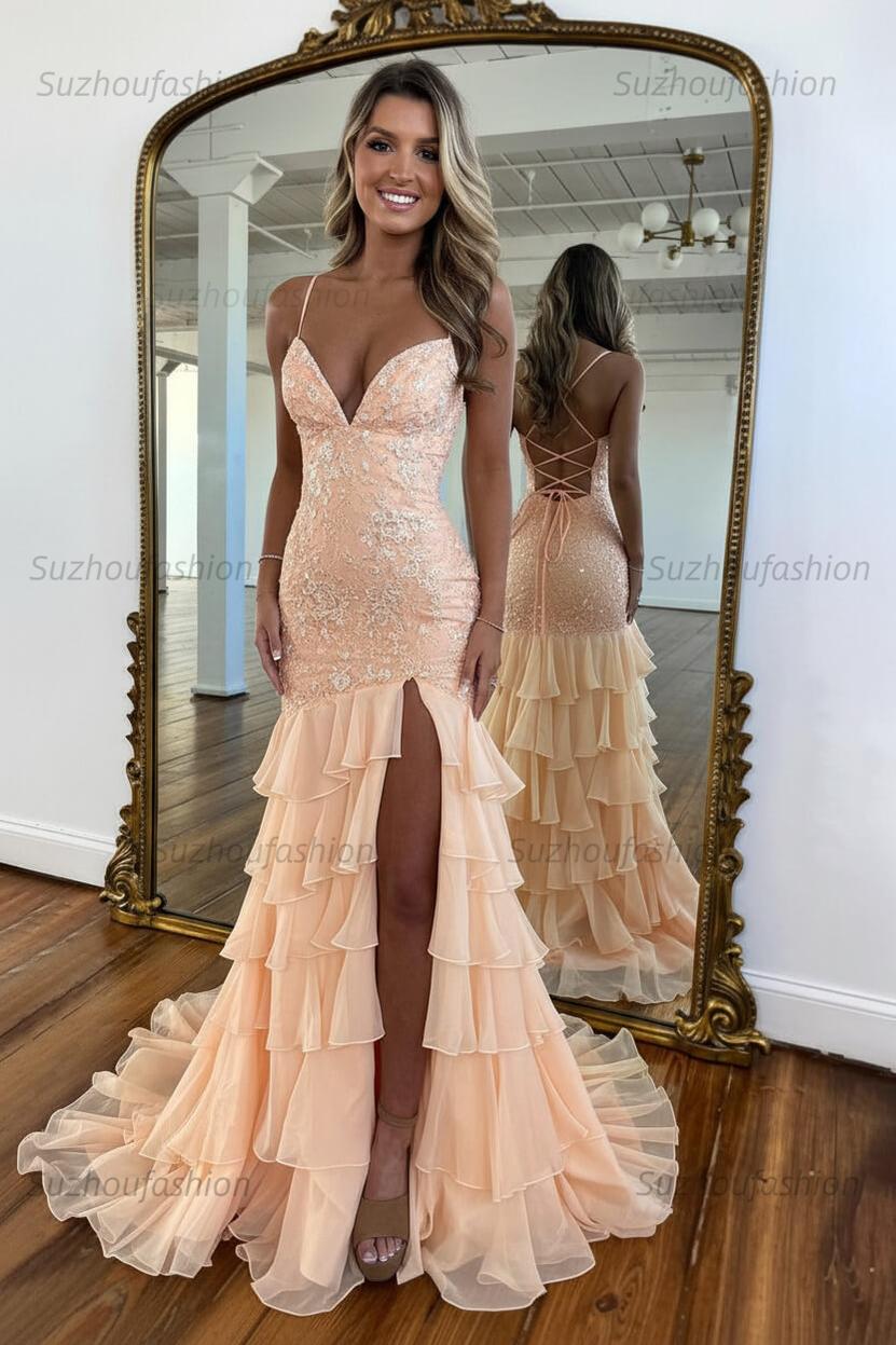 Suzhoufashion Mermaid Spaghetti Straps Lace Up Long Prom Dress With Ruffle Skirt Formal Evening Gown