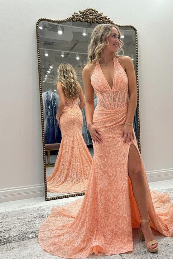 Halter Pink Prom Dress Long Lace Formal Dress With Slit
