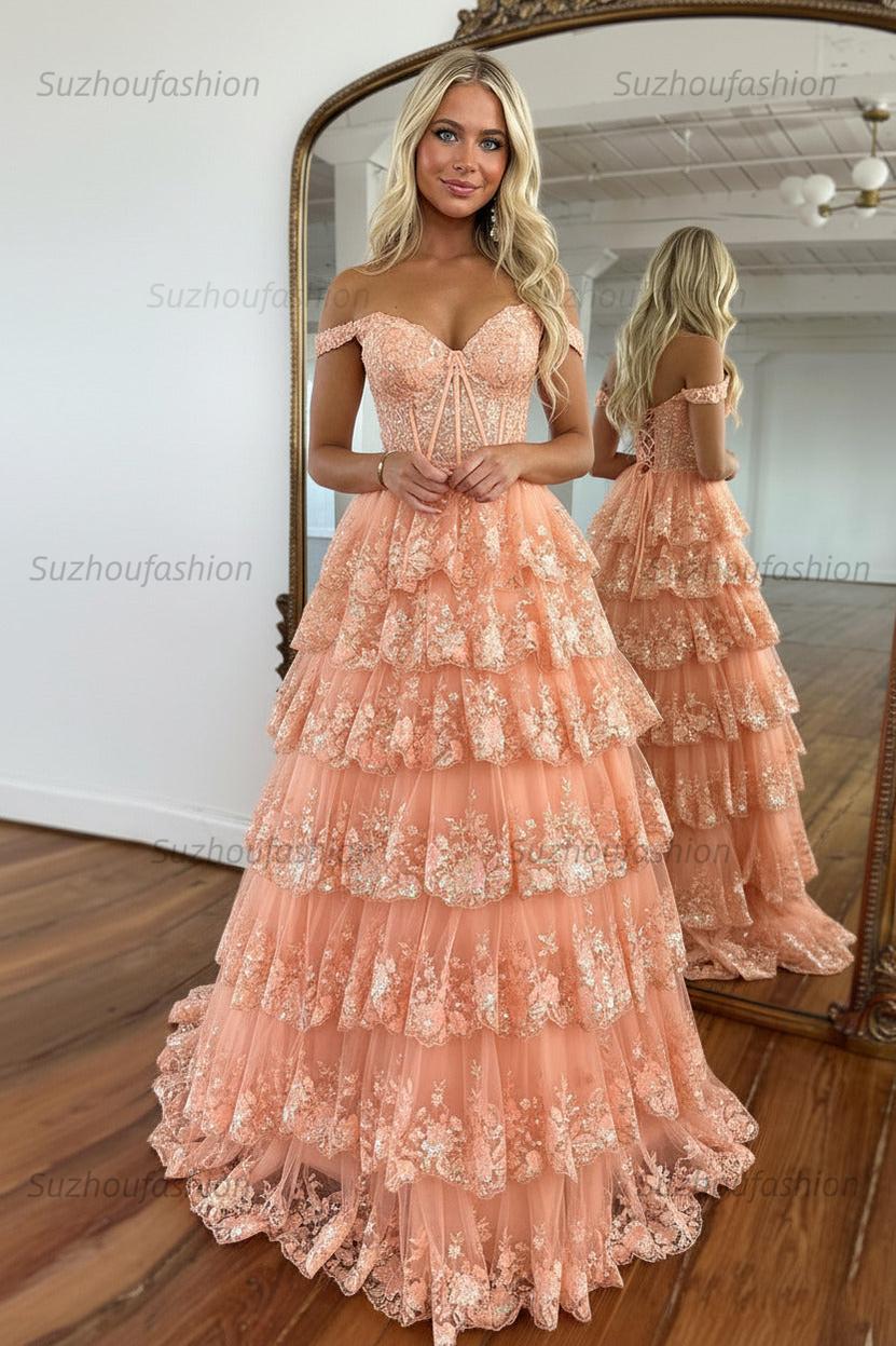 Glitter Hot Pink Corset Off the Shoulder Lace Long Prom Dress