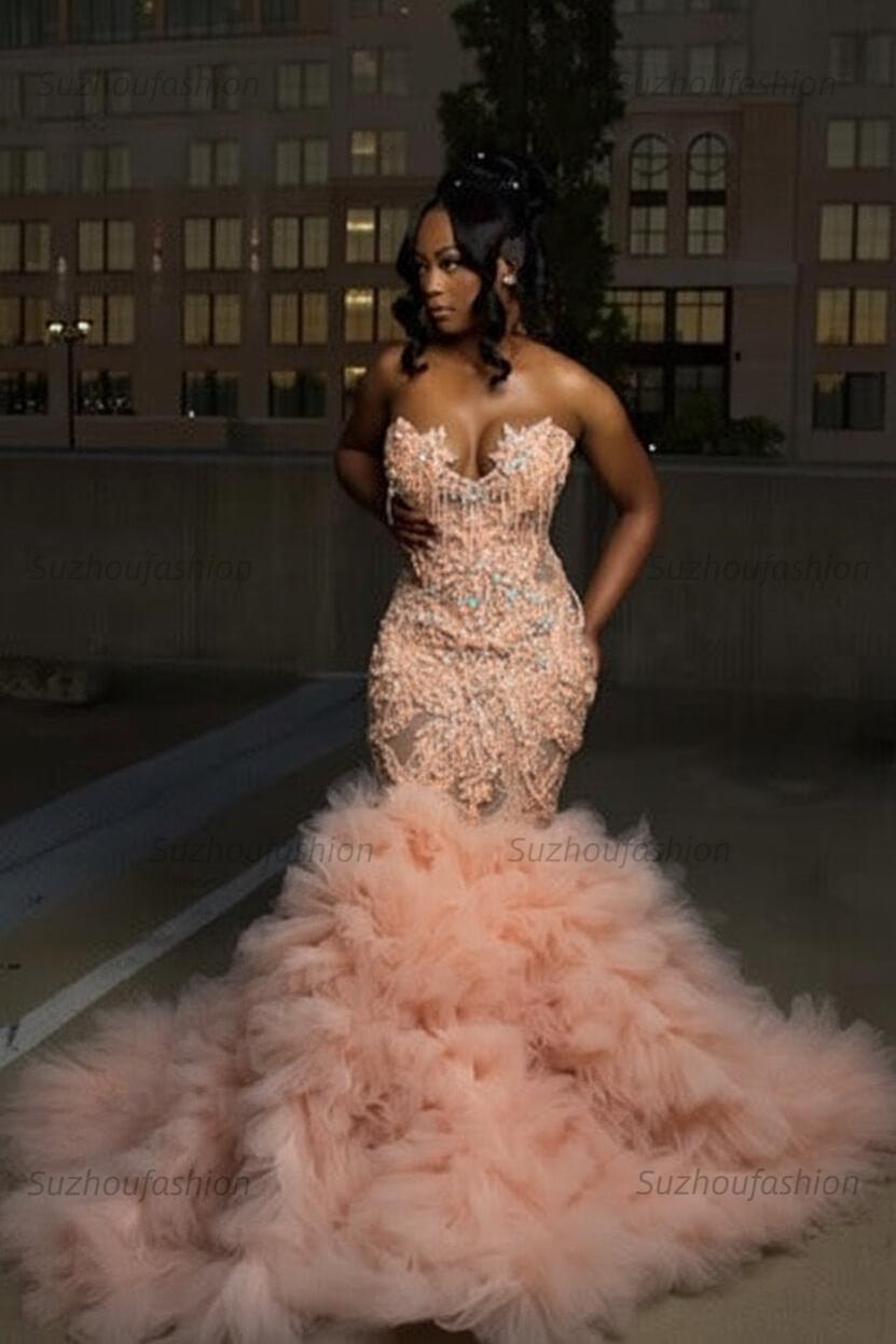 Mermaid Sweetheart Prom Dress Ruffled Sleeveless Formal Evening Gown with Rhinestones and Beadings