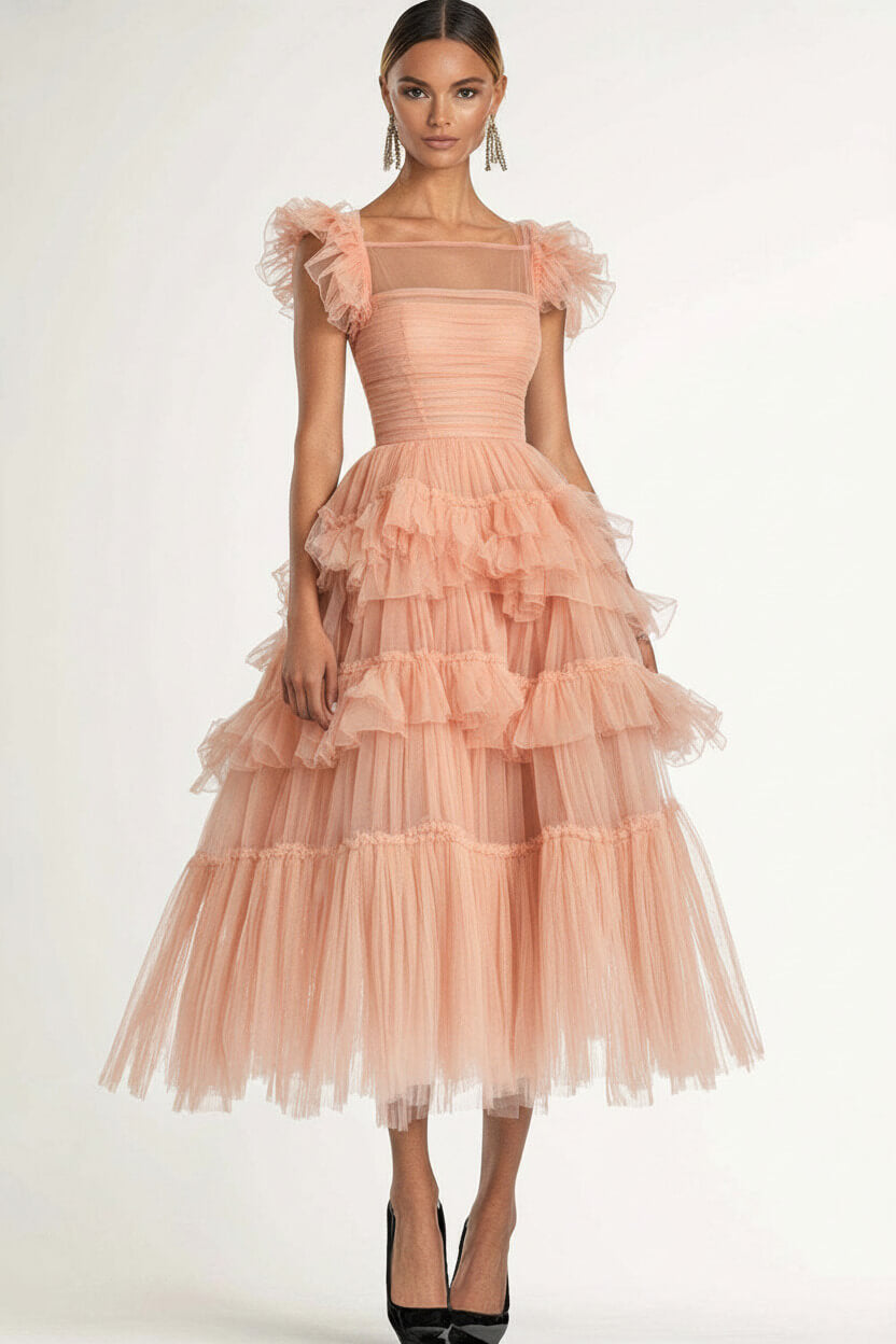 Tea Length Black Wedding Guest Dress A-Line Flatter Sleeves Tulle Formal Dress With Ruffles